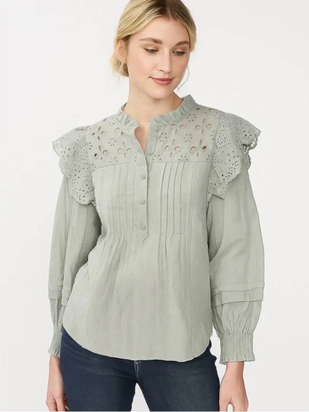 EUC Anthropologie By The River Sage Green Eyelet Blouse Small